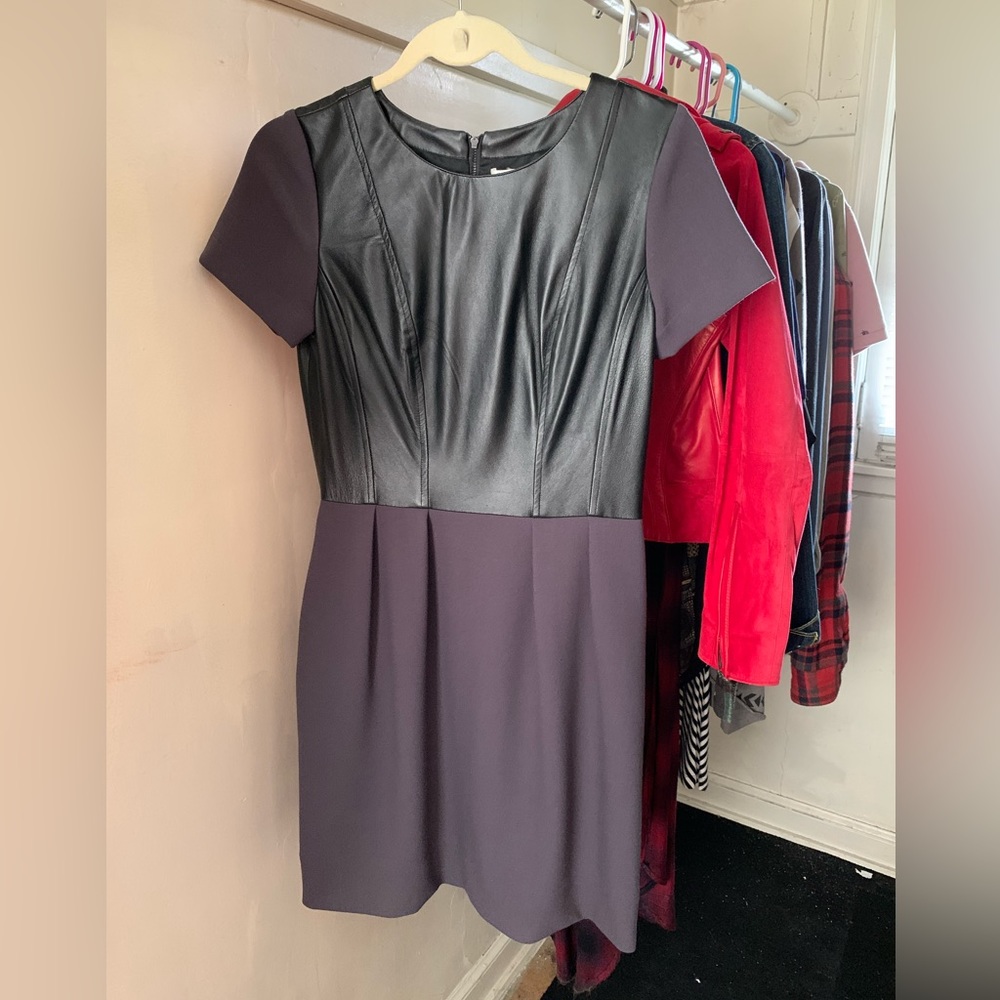 Shoshanna leather and eggplant wool dress • NWT